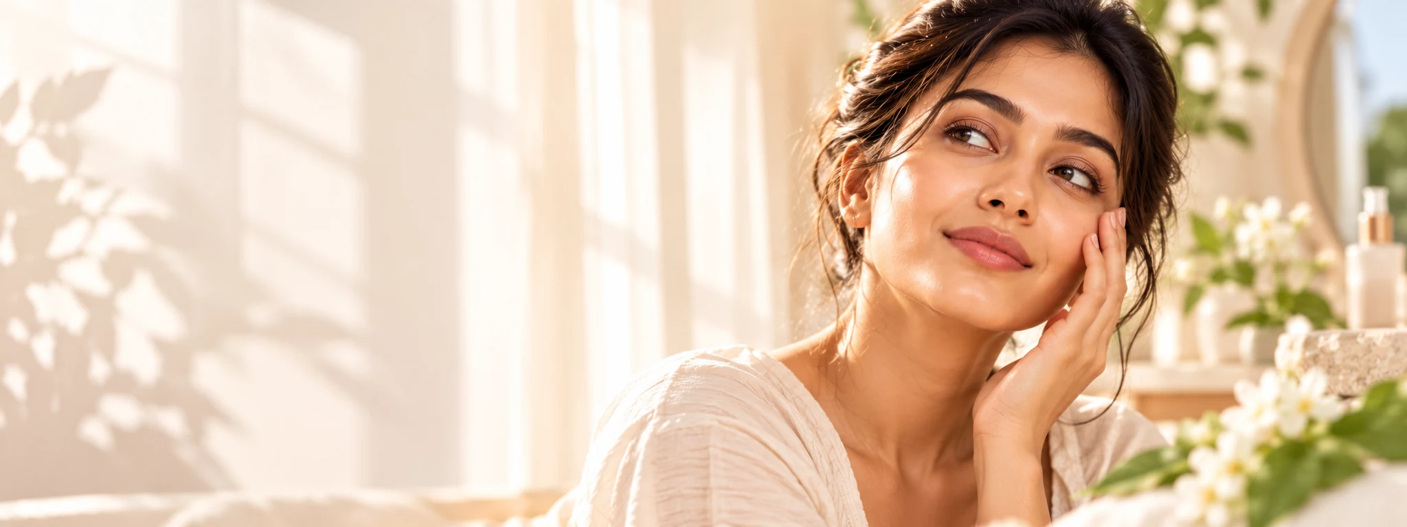 Indian woman touching her cheek in golden morning light