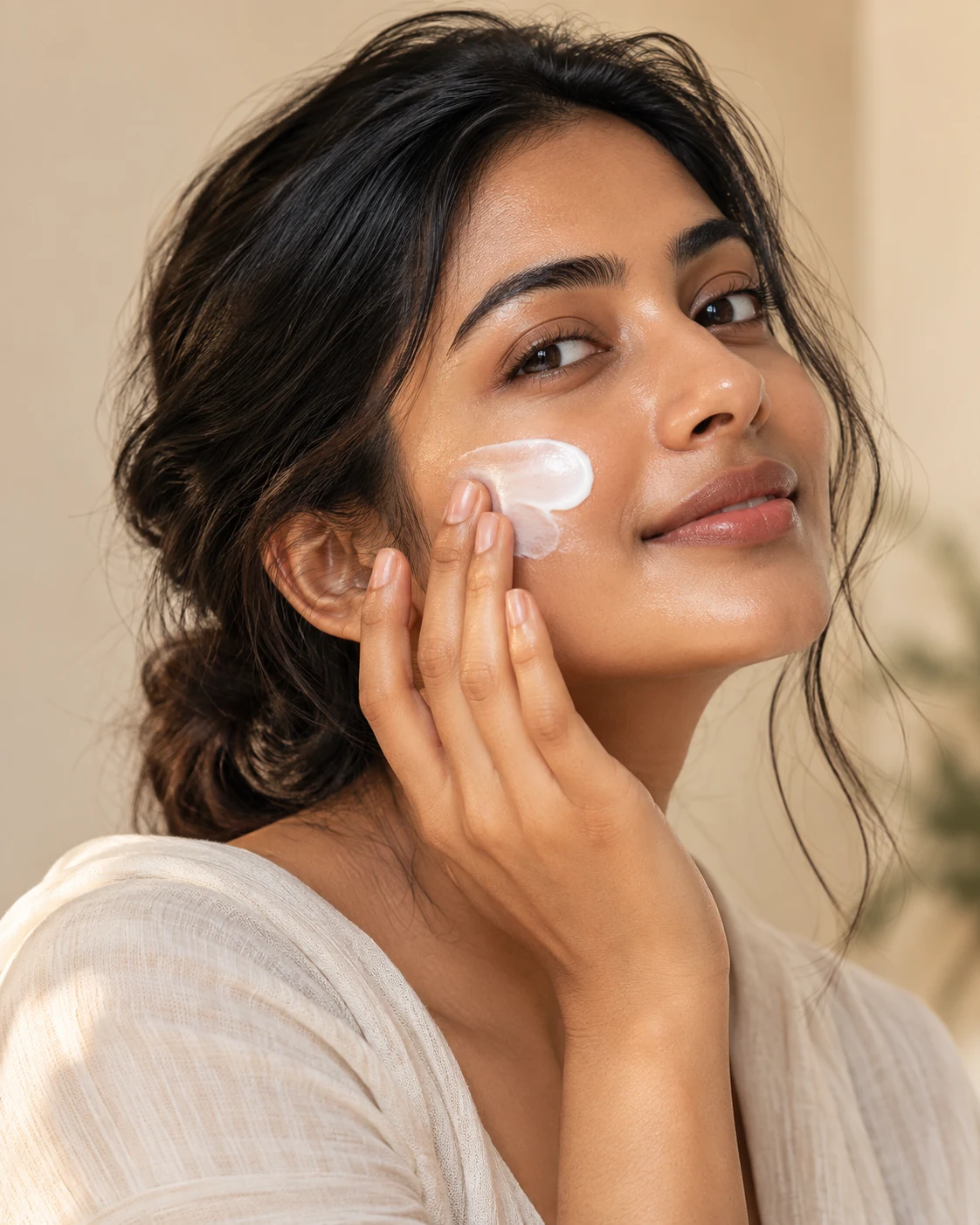 Woman with rich brown skin following a mindful skincare ritual